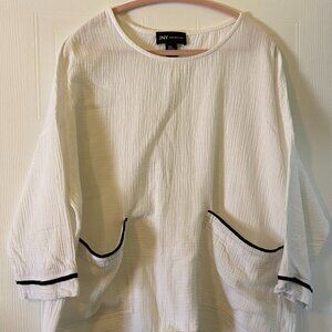 Jones New York White Black Trim 100% Cotton Gauze 3/4 Sleeve Pockets Boxy Sz 1X